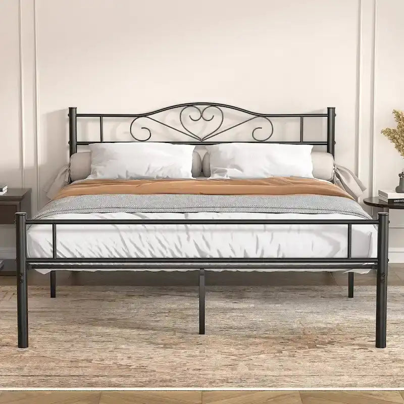 Cadre de lit plateforme en métal avec tête de lit, pas besoin de sommier tapissier, Lit simple/Double/Grand lit
