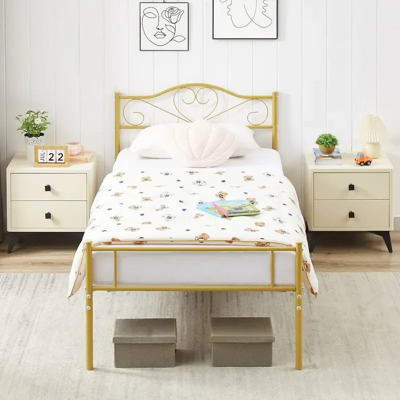 Cadre de lit plateforme en métal avec tête de lit, pas besoin de sommier tapissier, Lit simple/Double/Grand lit