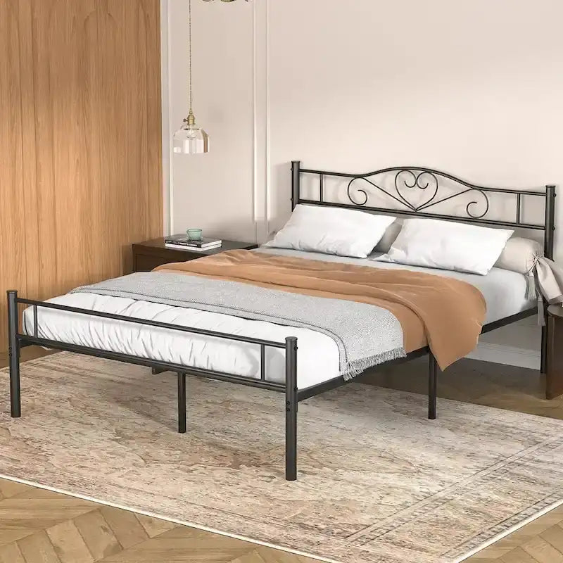 Cadre de lit plateforme en métal avec tête de lit, pas besoin de sommier tapissier, Lit simple/Double/Grand lit