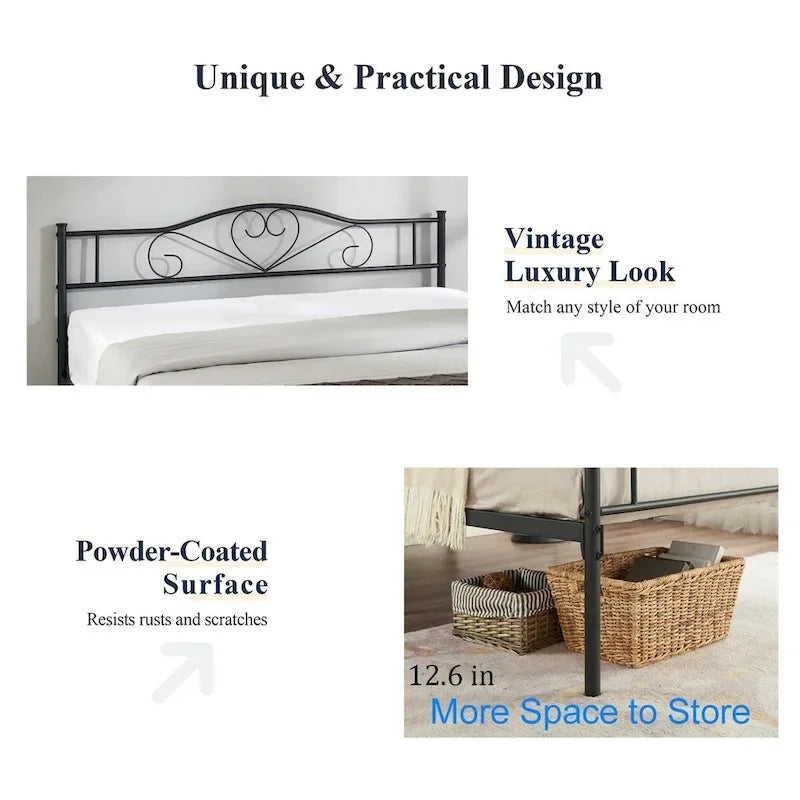 Cadre de lit plateforme en métal avec tête de lit, pas besoin de sommier tapissier, Lit simple/Double/Grand lit