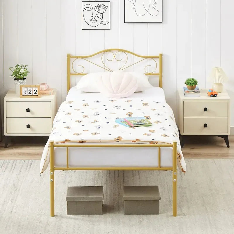 Cadre de lit plateforme en métal avec tête de lit, pas besoin de sommier tapissier, Lit simple/Double/Grand lit