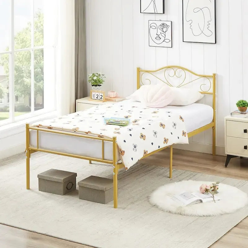 Cadre de lit plateforme en métal avec tête de lit, pas besoin de sommier tapissier, Lit simple/Double/Grand lit