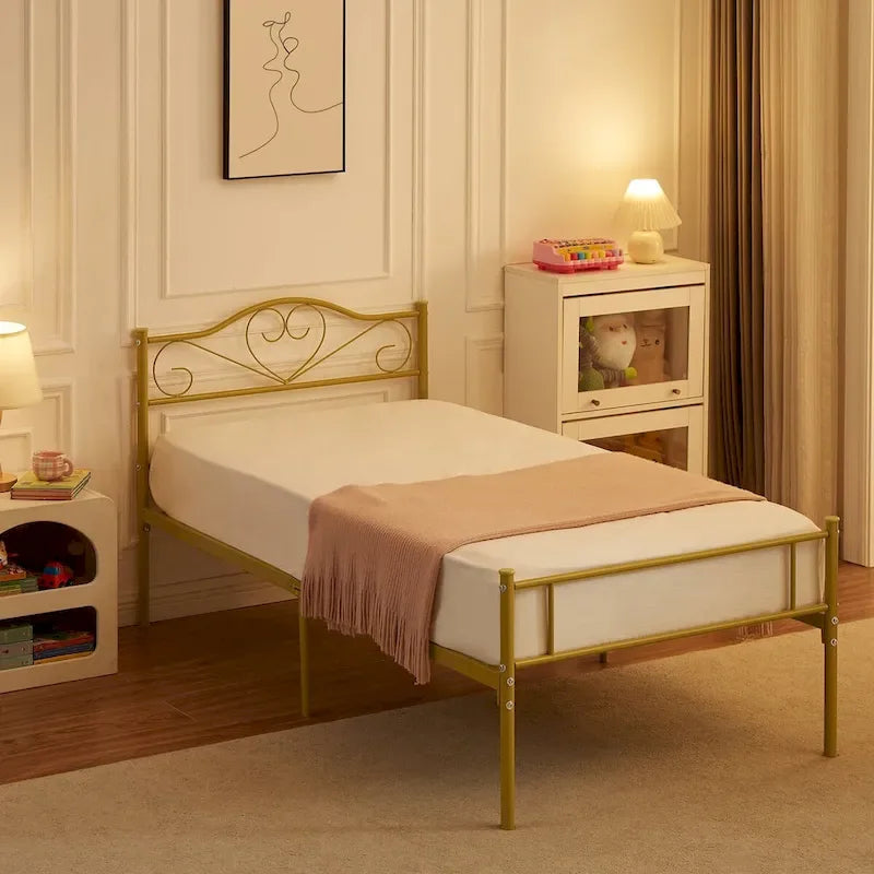 Cadre de lit plateforme en métal avec tête de lit, pas besoin de sommier tapissier, Lit simple/Double/Grand lit