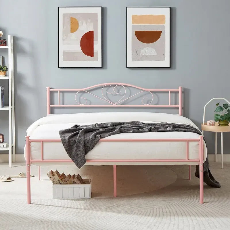 Cadre de lit plateforme en métal avec tête de lit, pas besoin de sommier tapissier, Lit simple/Double/Grand lit
