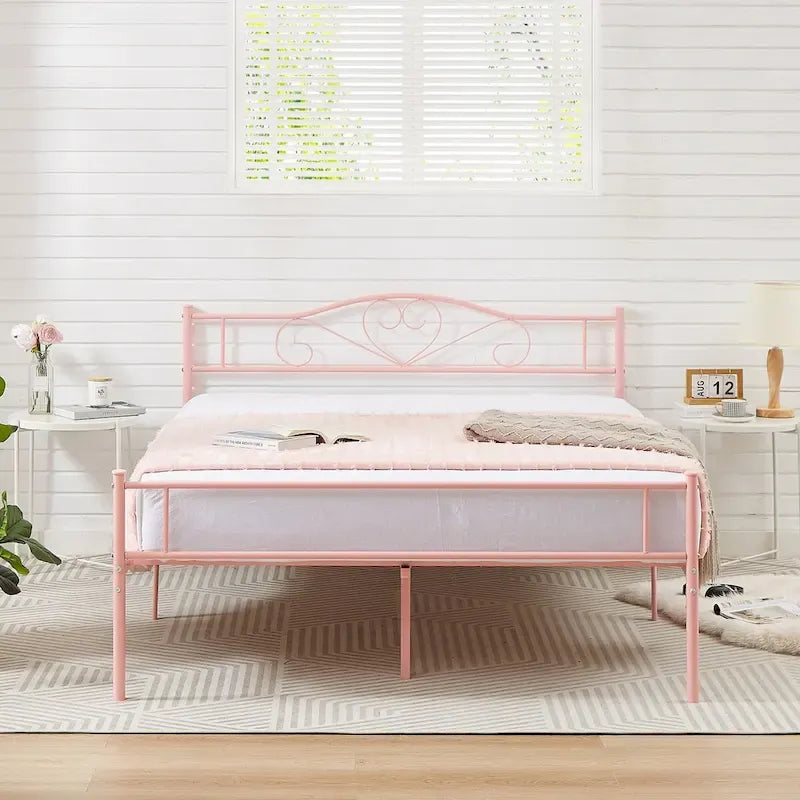 Cadre de lit plateforme en métal avec tête de lit, pas besoin de sommier tapissier, Lit simple/Double/Grand lit