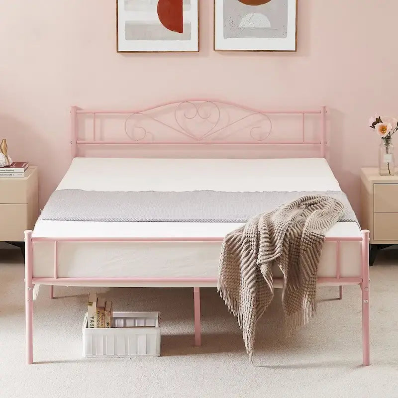 Cadre de lit plateforme en métal avec tête de lit, pas besoin de sommier tapissier, Lit simple/Double/Grand lit