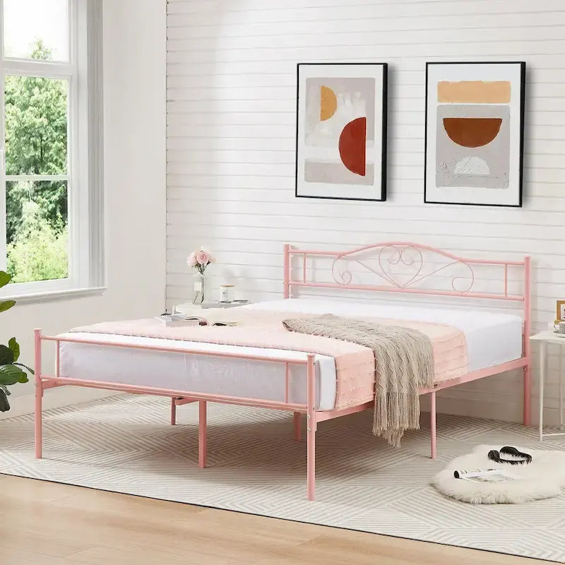 Cadre de lit plateforme en métal avec tête de lit, pas besoin de sommier tapissier, Lit simple/Double/Grand lit