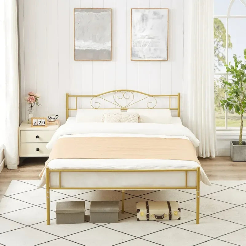 Cadre de lit plateforme en métal avec tête de lit, pas besoin de sommier tapissier, Lit simple/Double/Grand lit