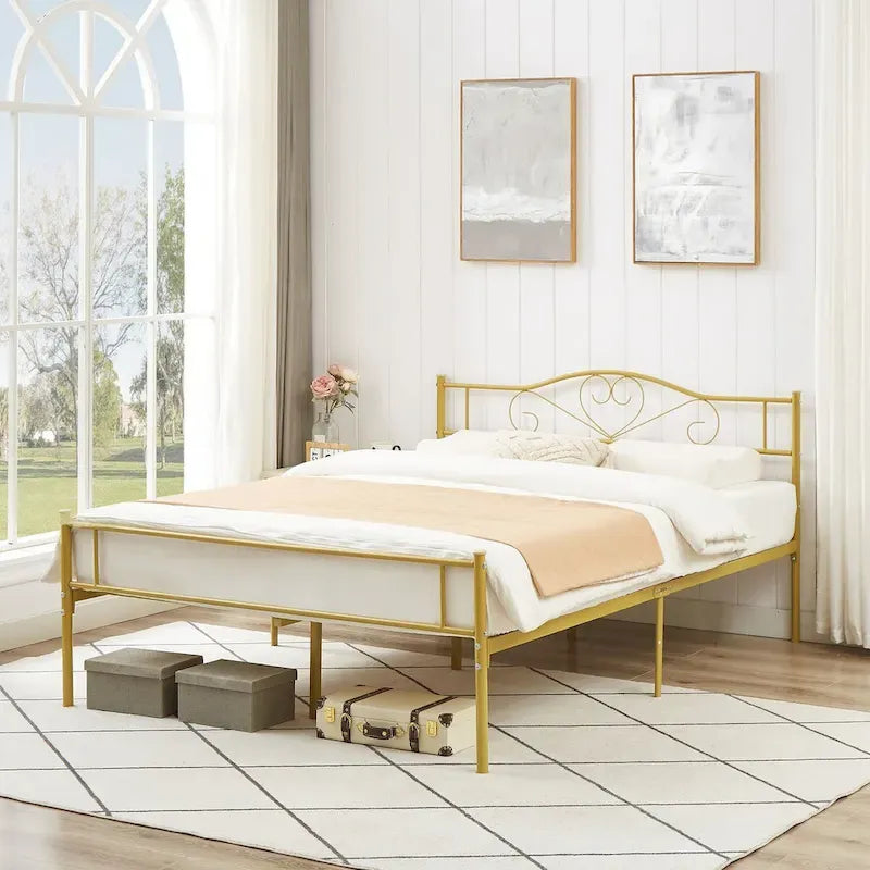 Cadre de lit plateforme en métal avec tête de lit, pas besoin de sommier tapissier, Lit simple/Double/Grand lit