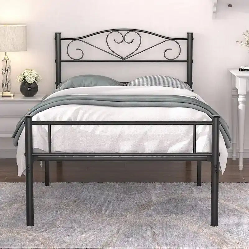 Cadre de lit plateforme en métal avec tête de lit, pas besoin de sommier tapissier, Lit simple/Double/Grand lit
