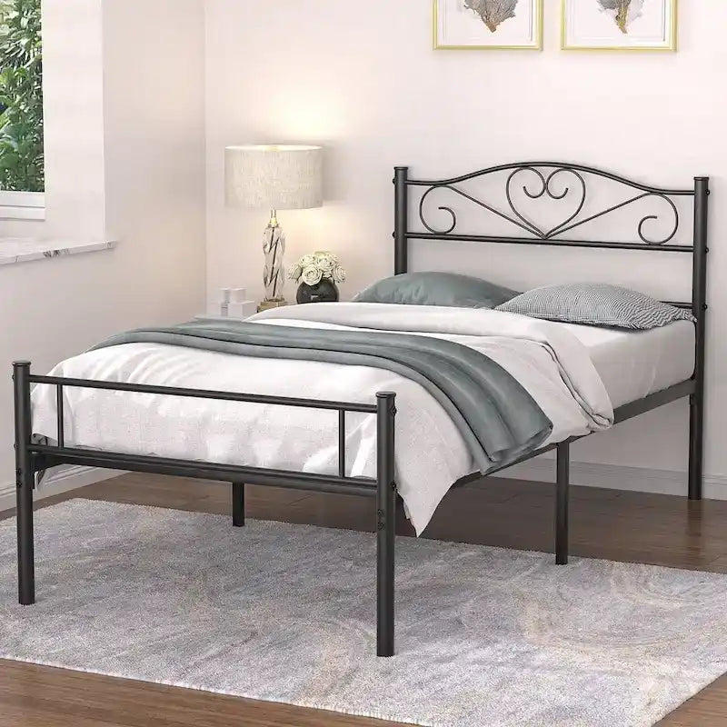Cadre de lit plateforme en métal avec tête de lit, pas besoin de sommier tapissier, Lit simple/Double/Grand lit