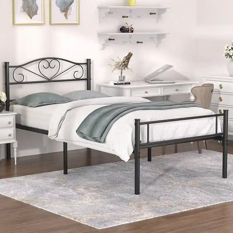 Cadre de lit plateforme en métal avec tête de lit, pas besoin de sommier tapissier, Lit simple/Double/Grand lit