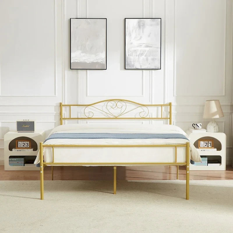 Cadre de lit plateforme en métal avec tête de lit, pas besoin de sommier tapissier, Lit simple/Double/Grand lit