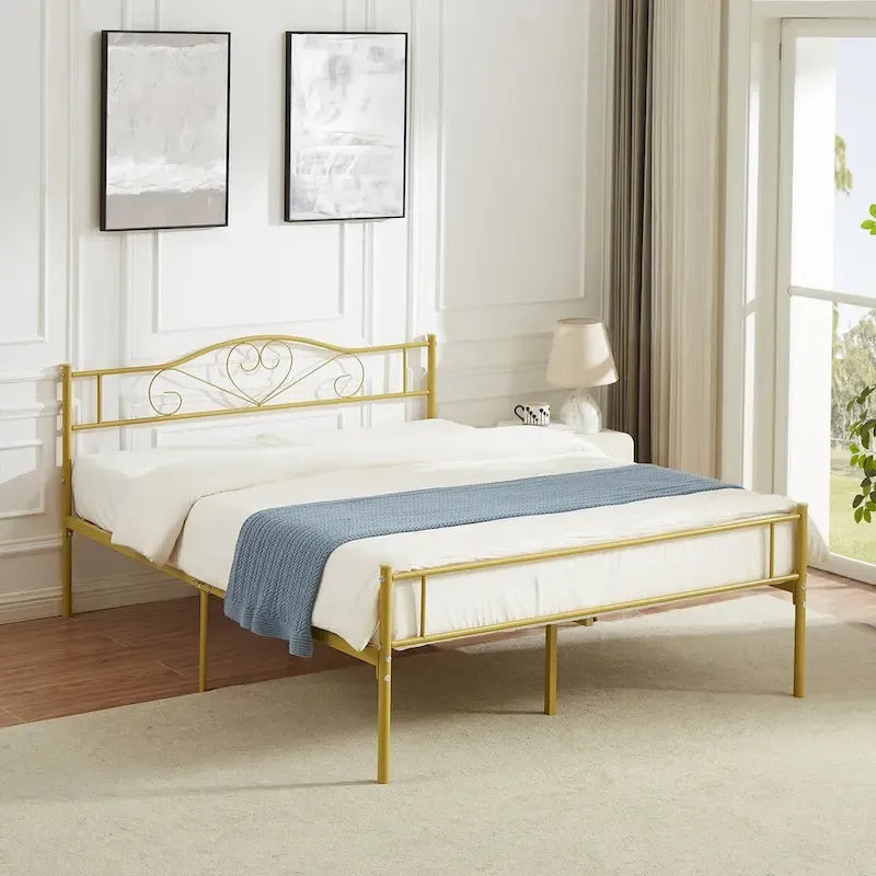 Cadre de lit plateforme en métal avec tête de lit, pas besoin de sommier tapissier, Lit simple/Double/Grand lit