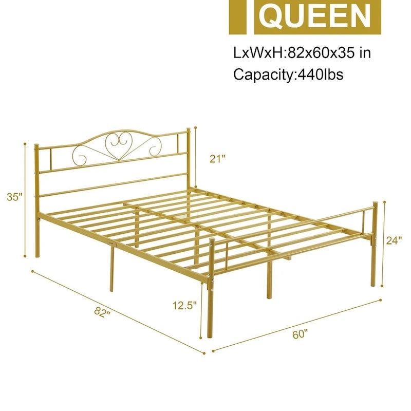 Cadre de lit plateforme en métal avec tête de lit, pas besoin de sommier tapissier, Lit simple/Double/Grand lit