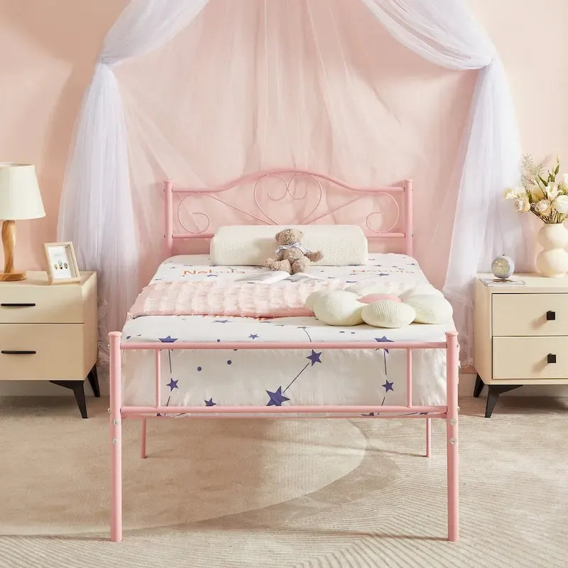 Cadre de lit plateforme en métal avec tête de lit, pas besoin de sommier tapissier, Lit simple/Double/Grand lit