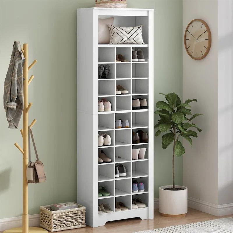 Meuble à chaussures haut avec 30 casiers et compartiment de rangement supérieur