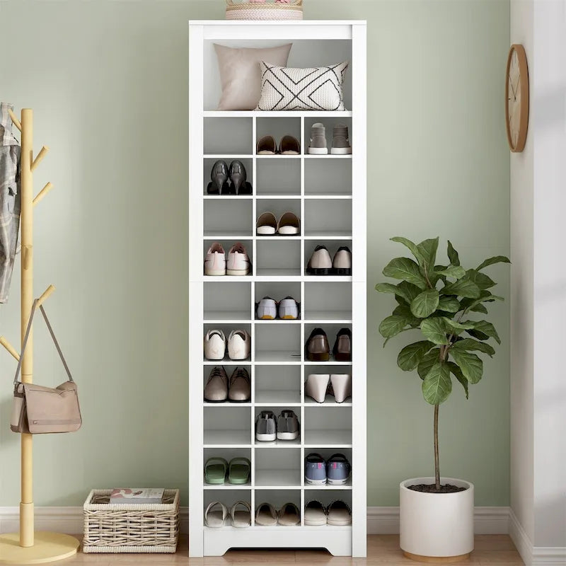 Meuble à chaussures haut avec 30 casiers et compartiment de rangement supérieur