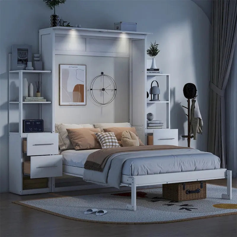 Lit escamotable grand format avec étagères, tiroirs et lumières LED