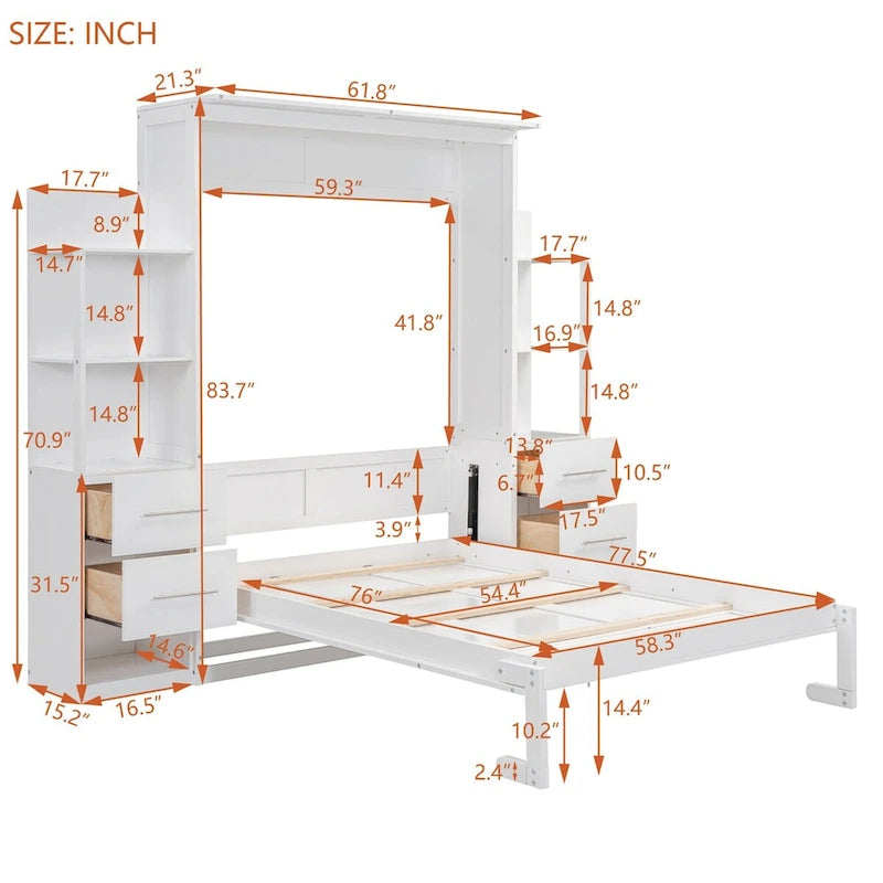 Lit escamotable grand format avec étagères, tiroirs et lumières LED