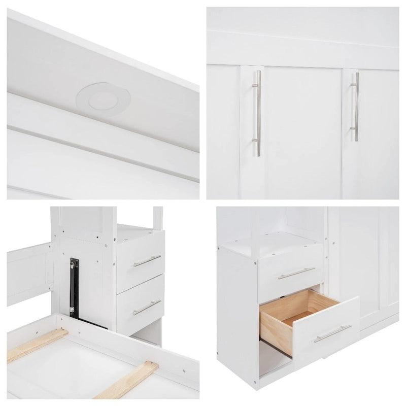 Lit escamotable grand format avec étagères, tiroirs et lumières LED