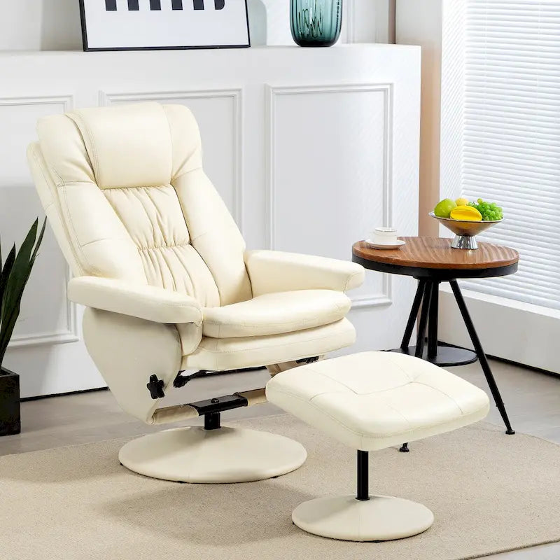 Fauteuil inclinable pivotant avec ottoman et repose-pieds, cuir PU, blanc crème