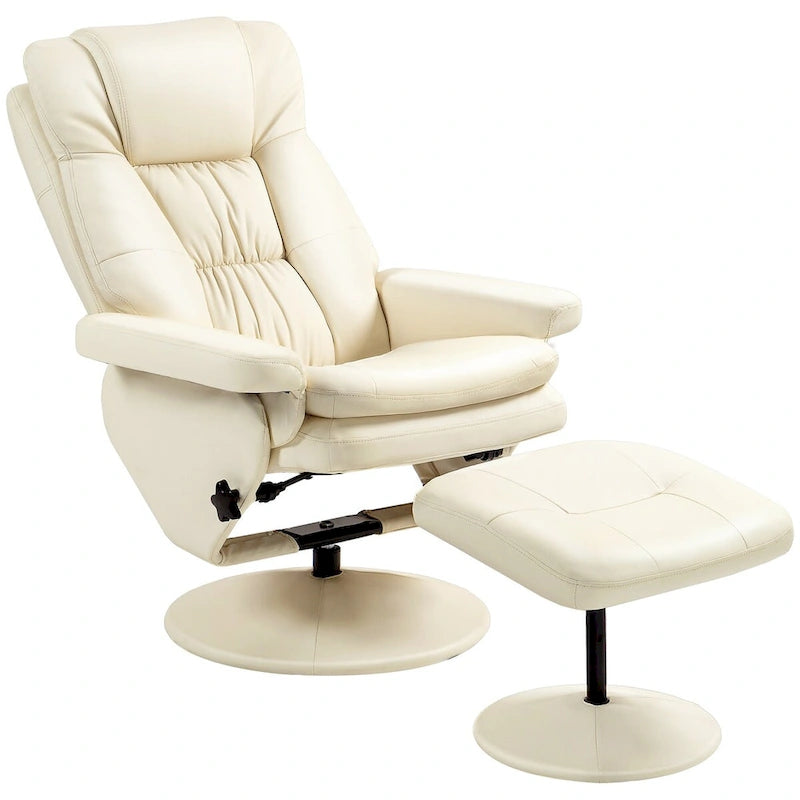Fauteuil inclinable pivotant avec ottoman et repose-pieds, cuir PU, blanc crème