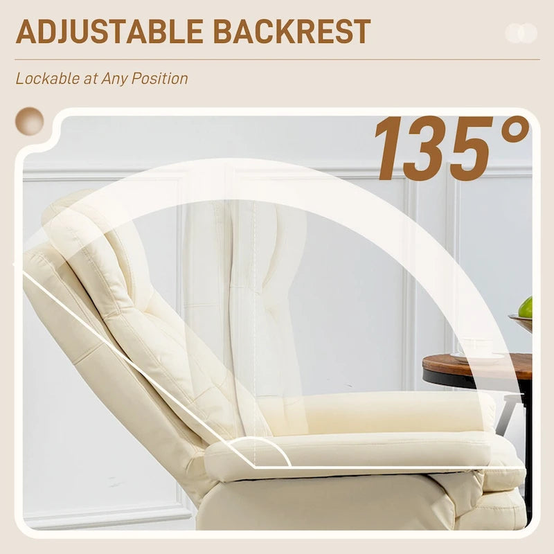 Fauteuil inclinable pivotant avec ottoman et repose-pieds, cuir PU, blanc crème