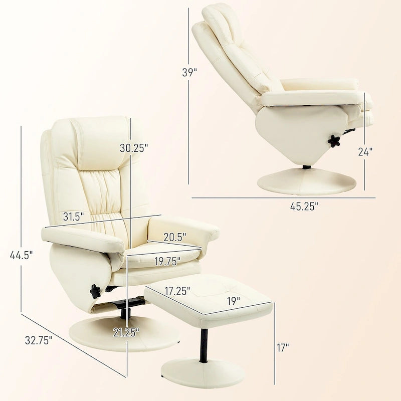 Fauteuil inclinable pivotant avec ottoman et repose-pieds, cuir PU, blanc crème