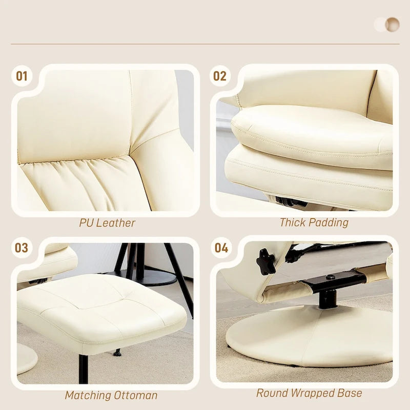 Fauteuil inclinable pivotant avec ottoman et repose-pieds, cuir PU, blanc crème