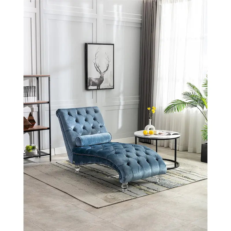 Leisure Concubine Sofa with Acrylic Feet, Traditional Chaise Velvet Barrel Sofa with Lumbar Support Pillow for Living Room