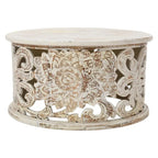 Table basse ronde en bois de manguier avec motifs floraux sculptés