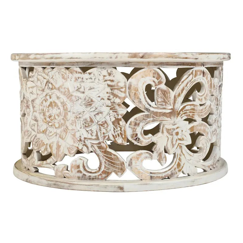 Table basse ronde en bois de manguier avec motifs floraux sculptés