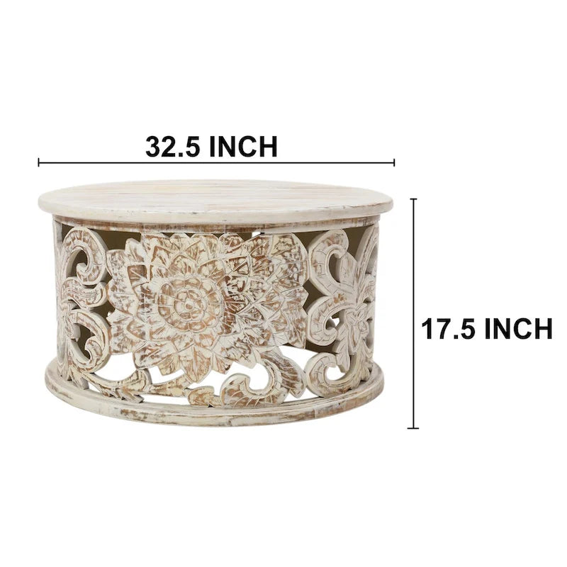 Table basse ronde en bois de manguier avec motifs floraux sculptés