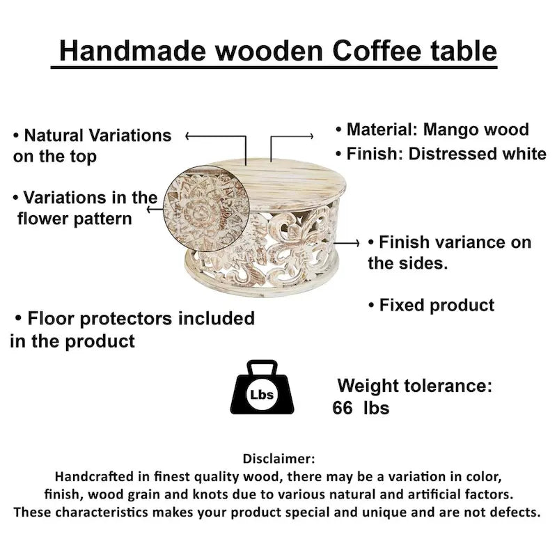 Table basse ronde en bois de manguier avec motifs floraux sculptés