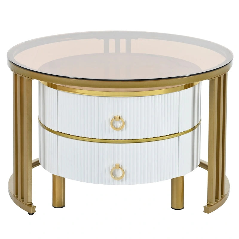 Tables basses gigognes (lot de 2), tables d'appoint avec plateau en verre trempé et tiroirs de rangement