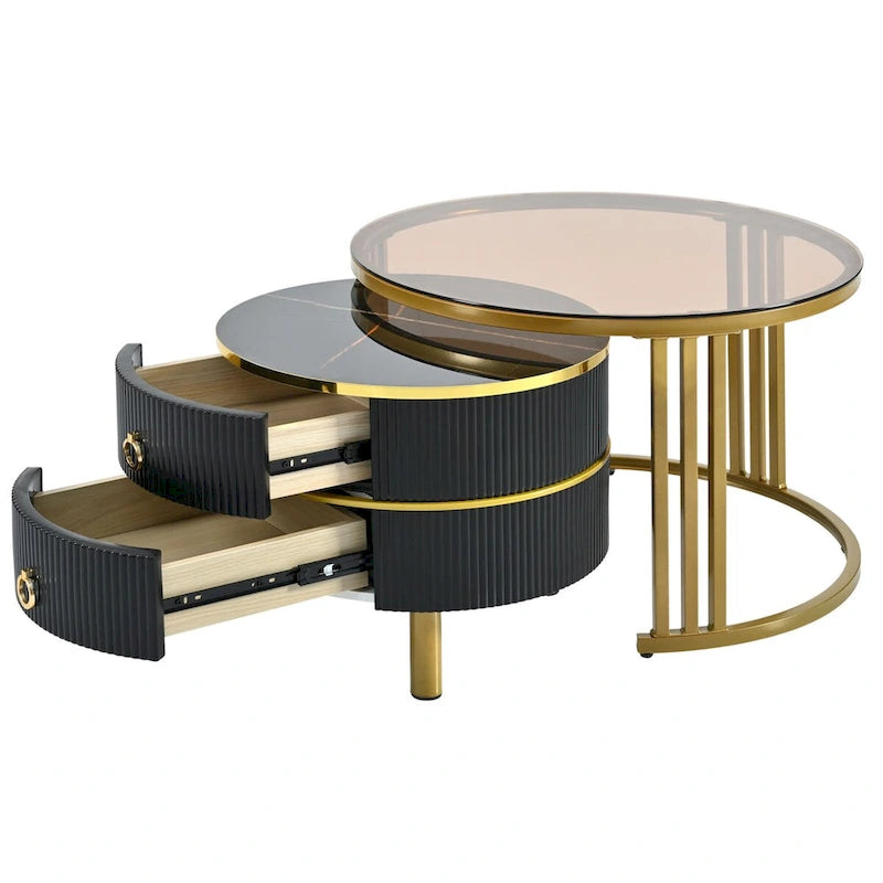 Tables basses gigognes (lot de 2), tables d'appoint avec plateau en verre trempé et tiroirs de rangement