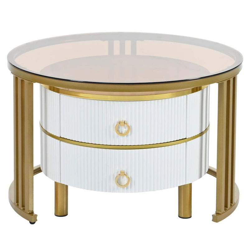 Tables basses gigognes (lot de 2), tables d'appoint avec plateau en verre trempé et tiroirs de rangement