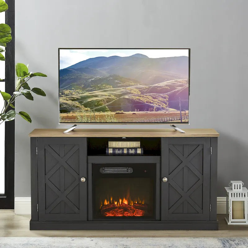Meuble TV gris anthracite de 137 cm avec foyer électrique pour téléviseurs jusqu'à 152 cm