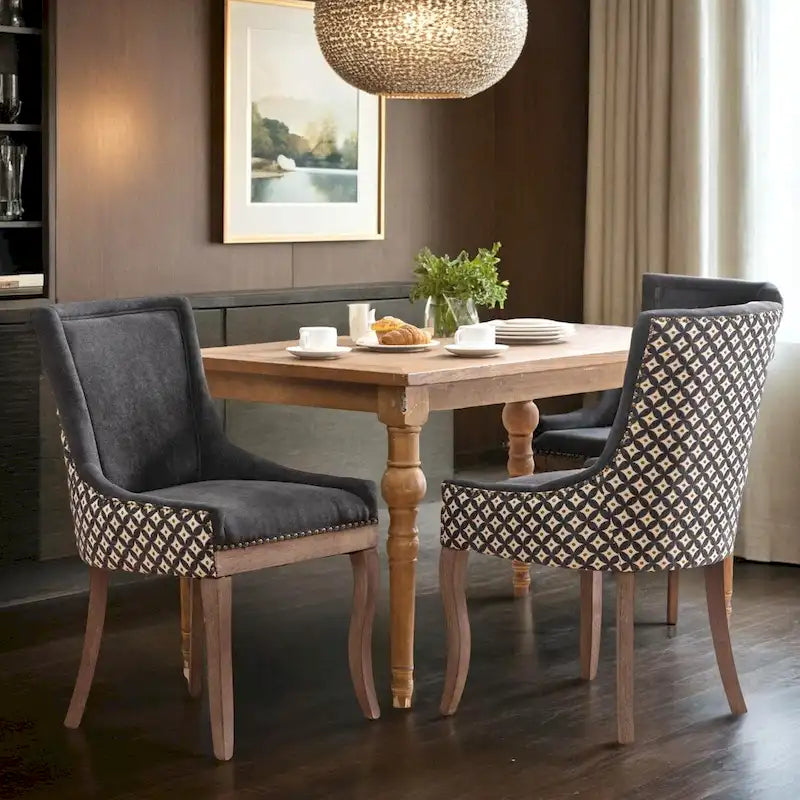 Chaise de salle à manger en tissu avec pieds en bois et garniture cloutée, lot de 2