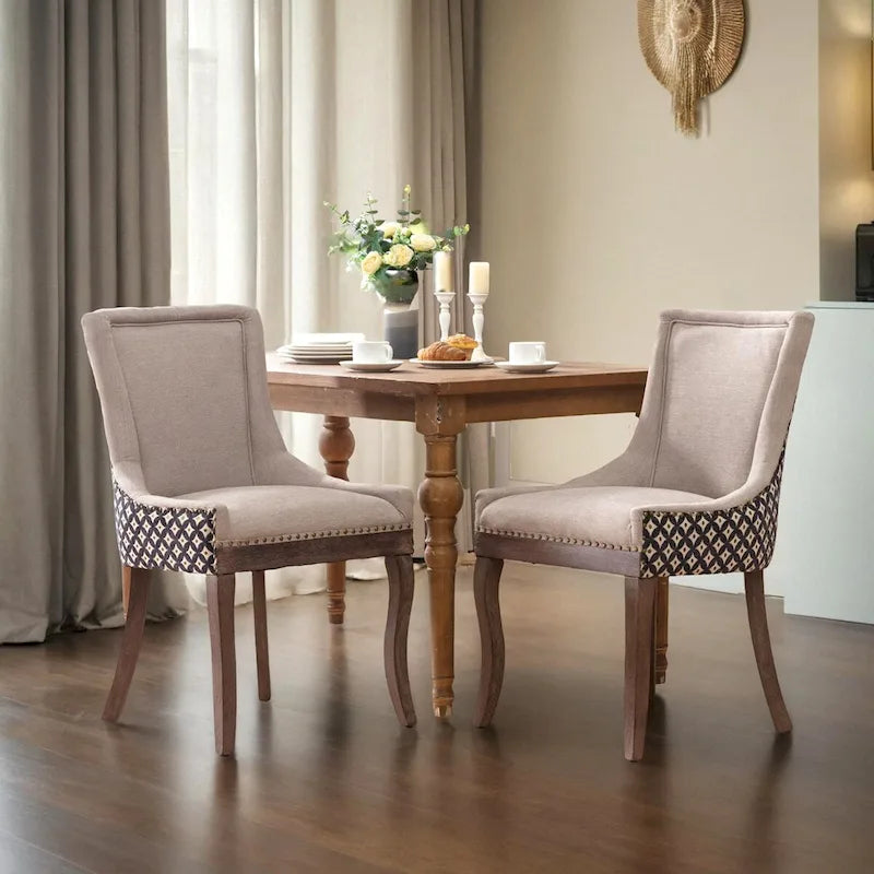 Chaise de salle à manger en tissu avec pieds en bois et garniture cloutée, lot de 2
