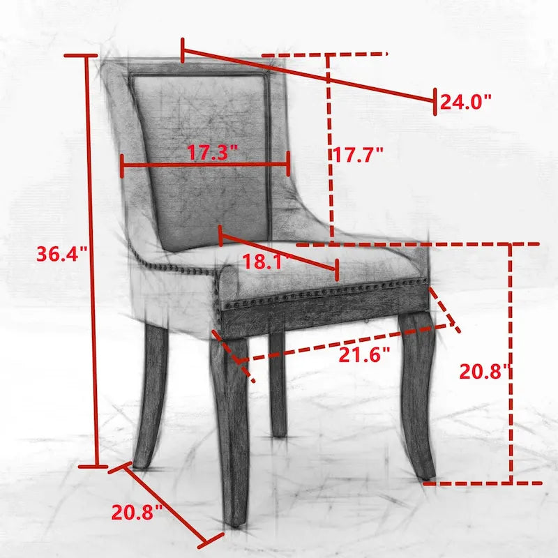 Chaise de salle à manger en tissu avec pieds en bois et garniture cloutée, lot de 2