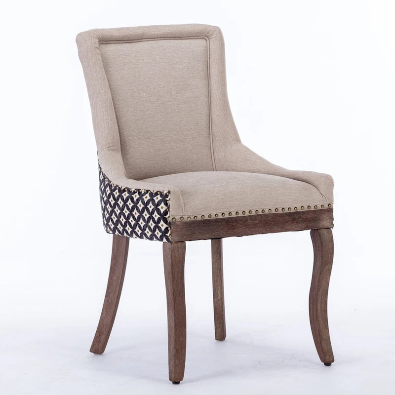 Chaise de salle à manger en tissu avec pieds en bois et garniture cloutée, lot de 2