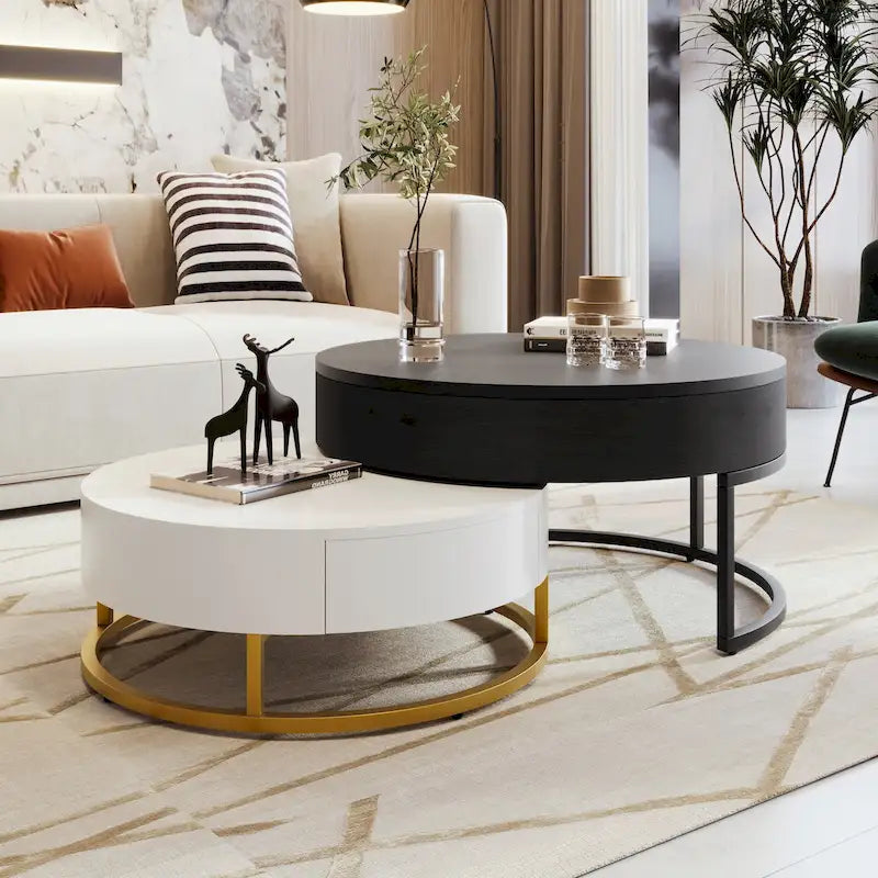 Tables basses gigognes rondes relevables avec 2 tiroirs