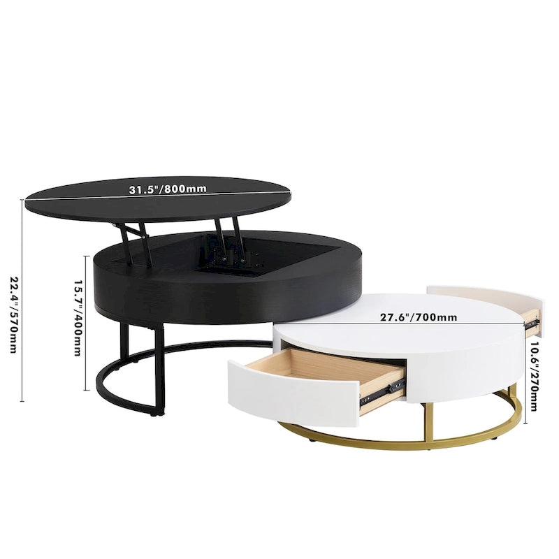 Tables basses gigognes rondes relevables avec 2 tiroirs