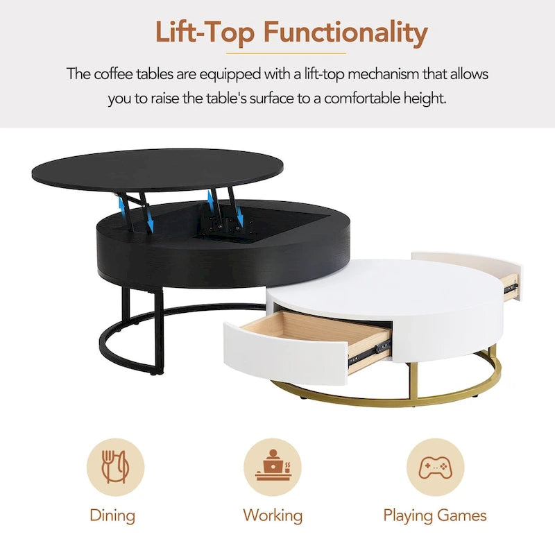 Tables basses gigognes rondes relevables avec 2 tiroirs