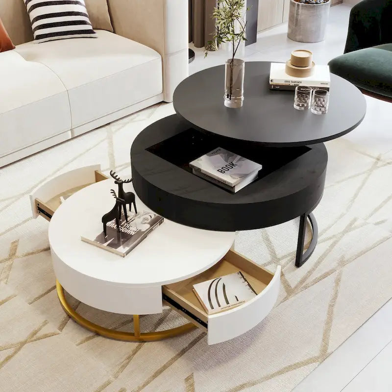 Tables basses gigognes rondes relevables avec 2 tiroirs
