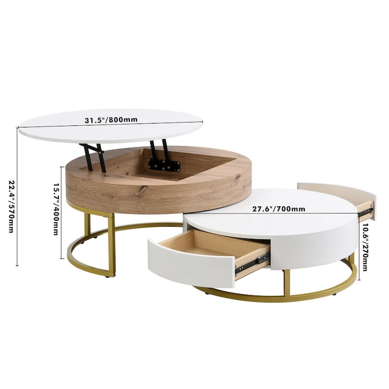 Tables basses gigognes rondes relevables avec 2 tiroirs
