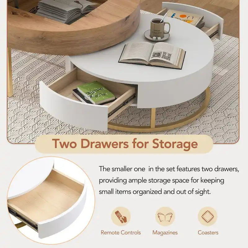 Tables basses gigognes rondes relevables avec 2 tiroirs