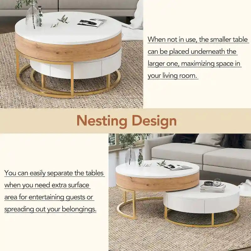 Tables basses gigognes rondes relevables avec 2 tiroirs